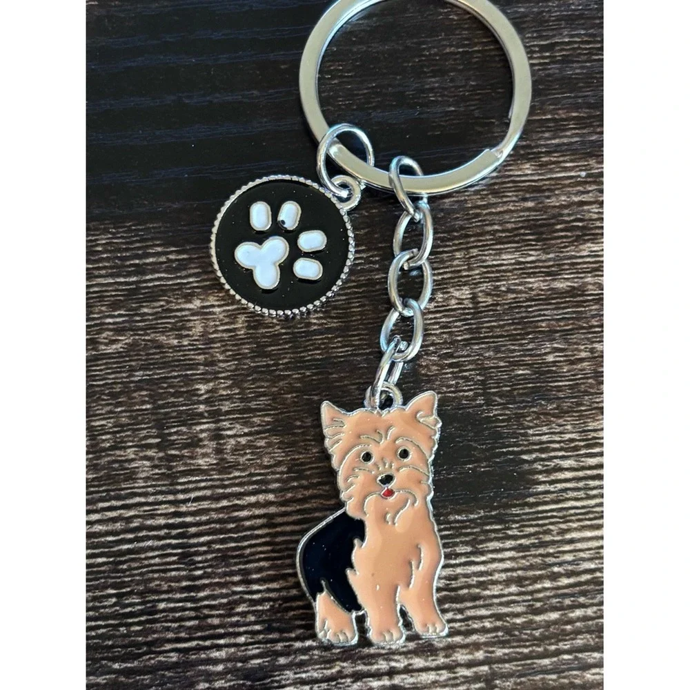 Yorkshire Terrier Yorkie Dog Enamel Keychain Paw Print Charm Silver Tone NWT